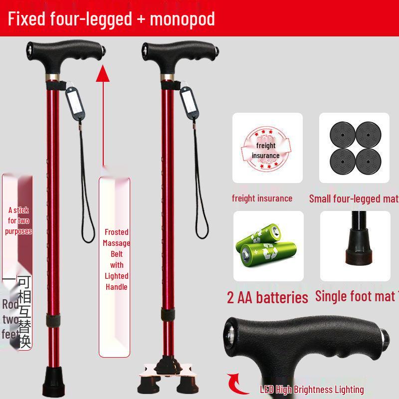 Four-Legged Aluminum Walking Cane with Light, Non-slip, Telescopic, Lightweight, Multi-functional Support for the Elderly