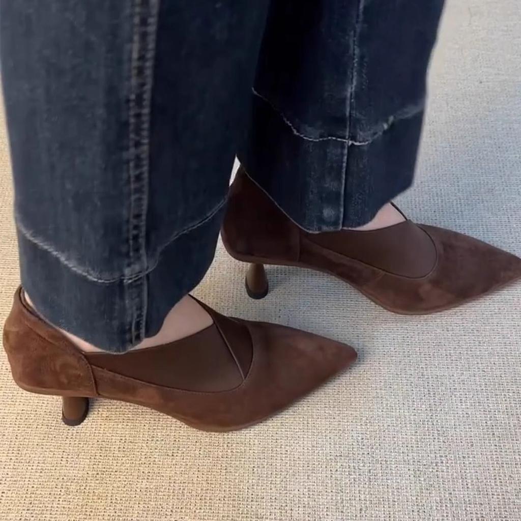 2025 Retro Pointed Thin Heeled Short Boots with Kitten Heels Ankle Boots, Combined with Elastic Deep Cut High Heels for Women