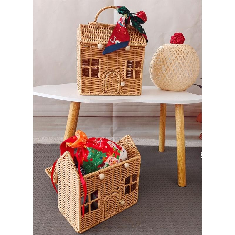 Valigia Scatola Decorativa in Rattan Cesto Intrecciato a Mano in Plastica a Forma di Casa con Manico Sacchetto per Confezionare Regali per Festival
