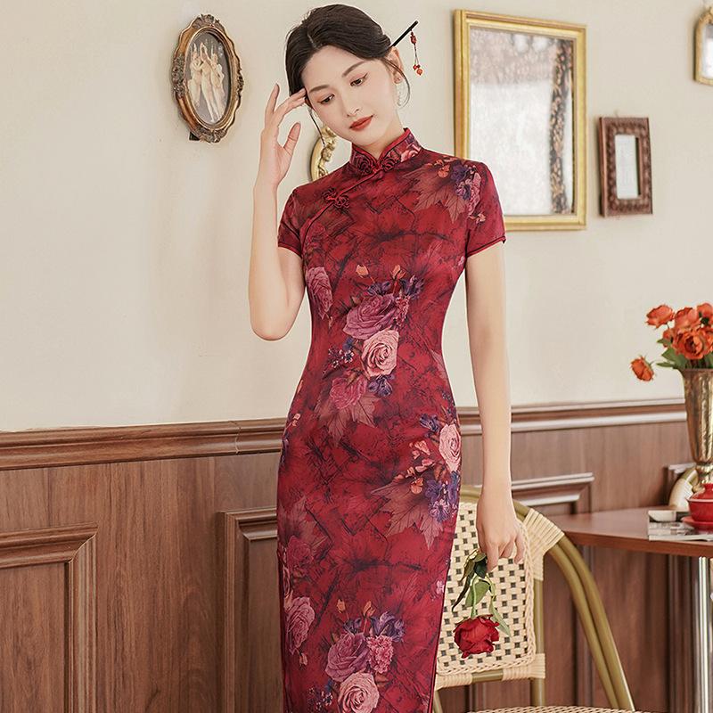 Women's Spring and Summer Retro Slim Cheongsam Long Dress Banquet Performance Elegant Dresses