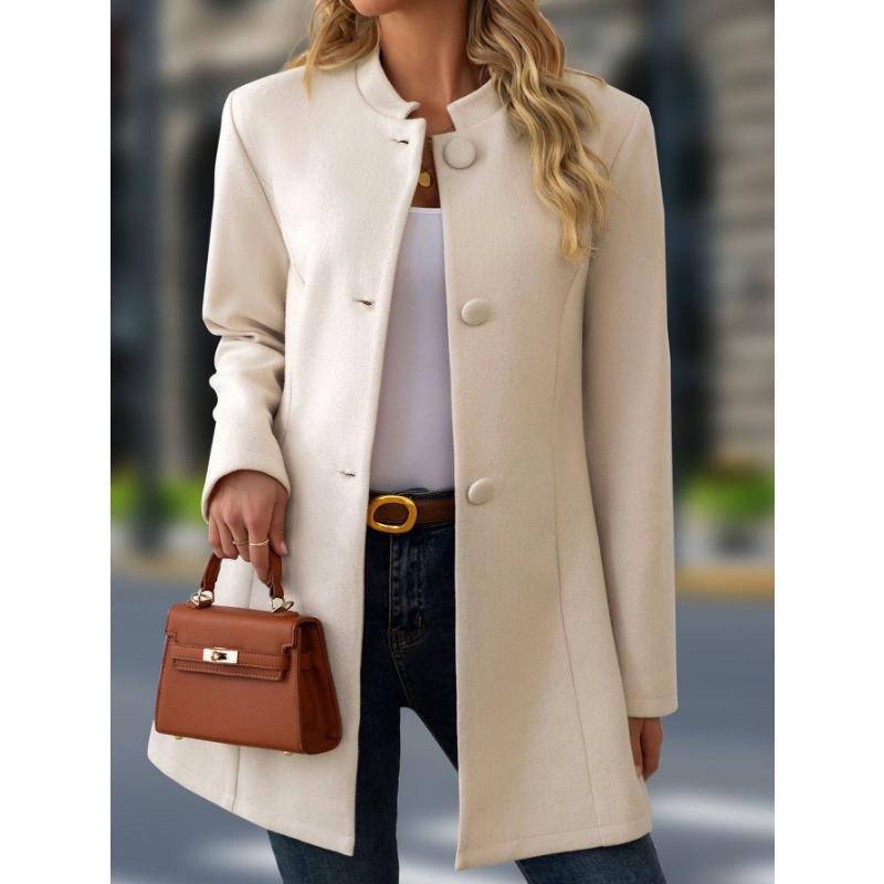 Women S Casual Stand Collar Mid Length Woolen Coat For Daily Wear