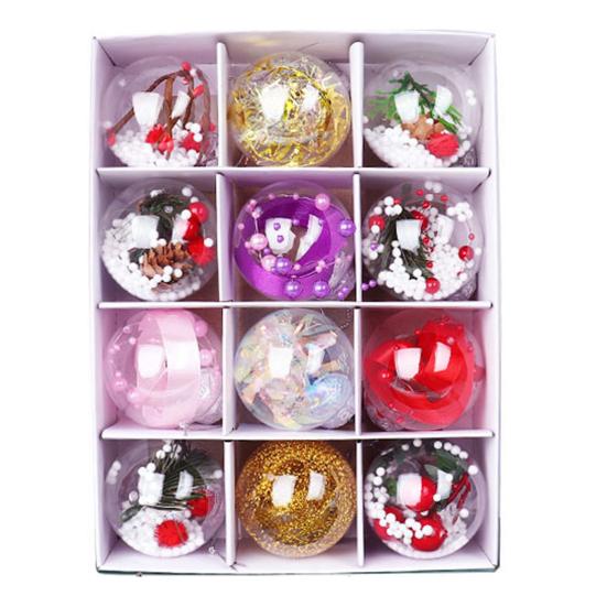 12 Pcs Clear Christmas Ball Ornaments 2.36" Shatterproof Plastic Hanging Xmas Tree Baubles Set with Stuffed Decorations for Holiday Party Home Decor