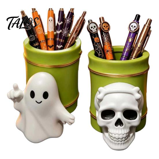 Large Capacity Pen Barrel For Office Halloween Holder, Cute Ghost/Skull Bamboo Tube Shaped Pencil Creative Dark Style Workspace Decor Cup,