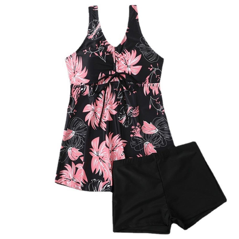 European and American Tankini Print Conservative Boxers Skirt Split Swimsuit