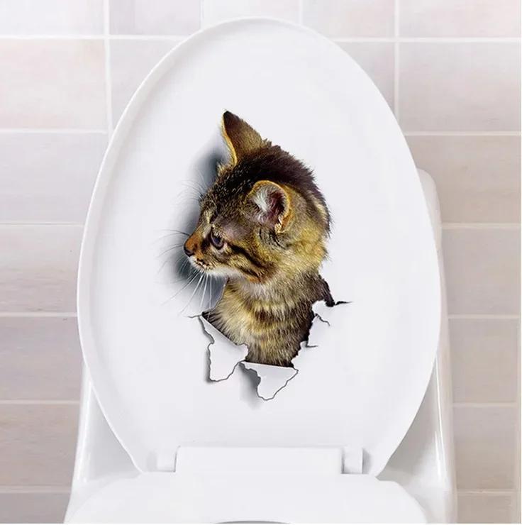 Lebendige 3D Loch Lustige Katze Hund Toilettenaufkleber DIY WC Waschraum Heimdekoration Niedliches Kätzchen Welpe Haustiere Wandkunst Aufkleber