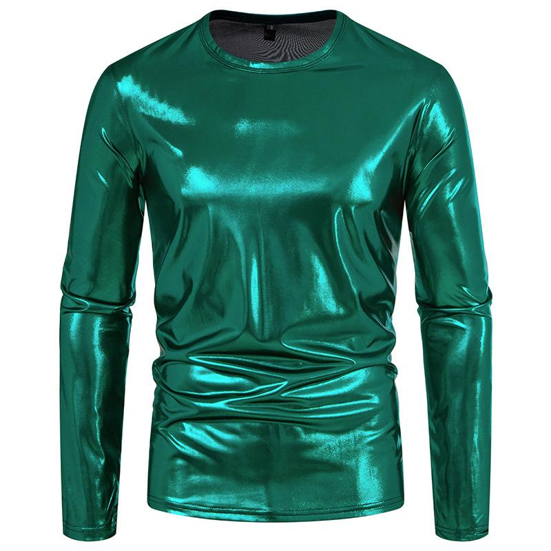 Autumn and Winter Men's Fashion Trend Party Stage Glossy Long Sleeve Round Neck T-shirt Product T-shirt