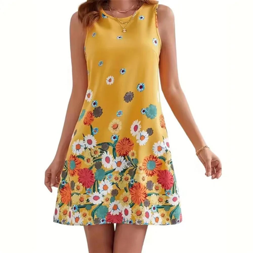 Floral Pattern Women Trend Mini Dresses Summer Sleeveless 3d Printed Street Ladies Dress Casual Loose Oversized Dress