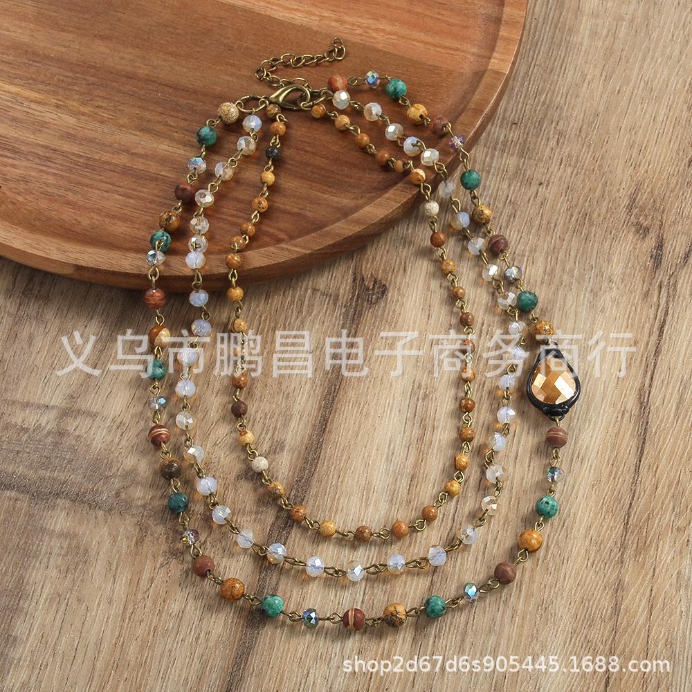 Fashion Bohemian Ethnic Style Multi-layer Natural Stone Glass Chain Curved Needle Necklace Beige Water Drop Glass Necklace коричневый