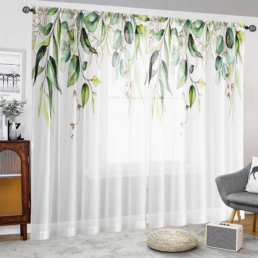 2 Pieces HD Digital Green Large Leaf Print Curtains Home Decorating Style Decorating Living Room Bedroom Rodding Curtains Effect