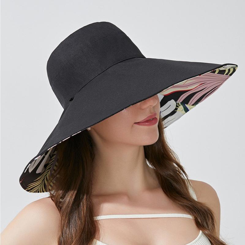 Cappello da Pescatore Estivo a Tesa Larga Double-Face con Stampa Parasole per Donna