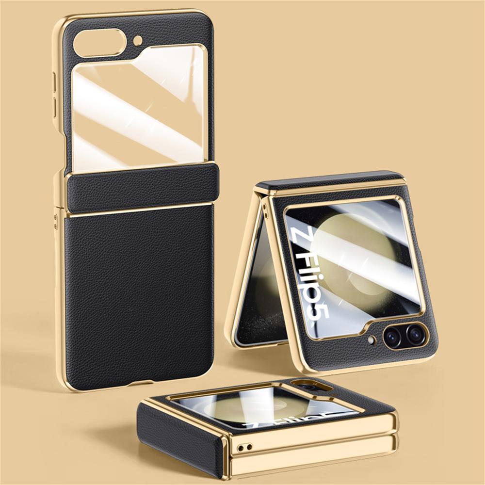 

For Samsung Galaxy Zflip 5 6 Luxury Plating Pure Leather Hinge Phone Case For Samsung Z Flip5 Flip 6 Lens Protection Back Cover for Samsung Z Flip 5 чёрный