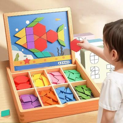 Puzzle Tangram Magnétique Blocs de Construction Géométriques en Bois Élèves de l'École Primaire 3-6 Ans Enfants Jouets Éducatifs