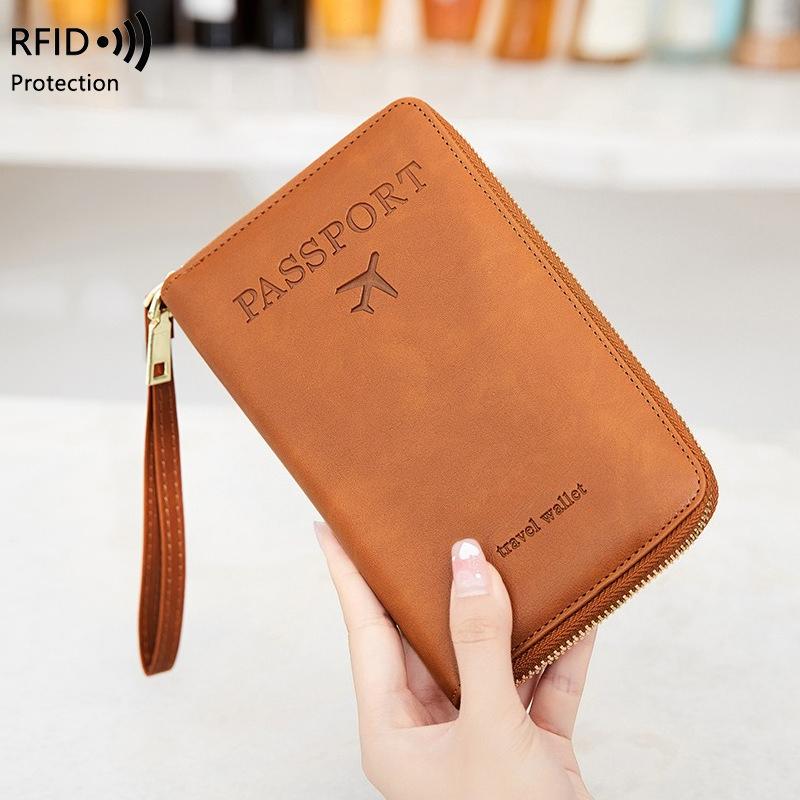 Men Women RFID Blocking Leather Passport Holder Travel Wallet Zip Around Passport Cover Document Organizer with Card Slots Wrist Strap