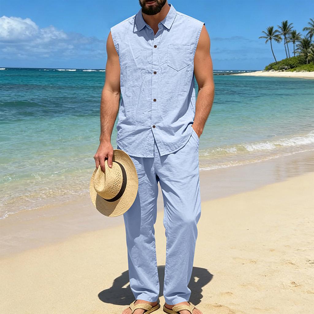 Men's Cotton-Linen Casual Hoodie Vest And Pants Set