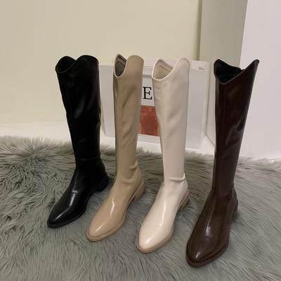 Bottes Courtes Talon Épais Automne Beige Hautes Western Skinny Bottes Cowboy Simples Bout Pointu Talon Moyen Bottes Femme