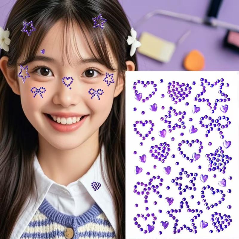 Colorful Face Rhinestone Stickers 1 Sheet Self Adhesive Heart Star Design for School Talent Show Stage Makeup