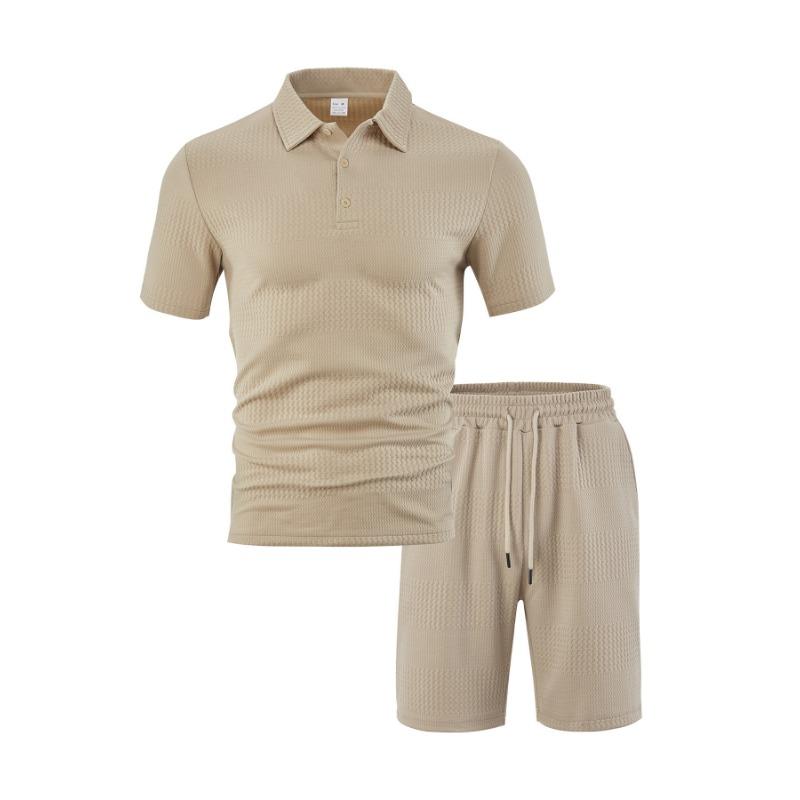 Mens Casual Two Piece Outfit Waffle Knit Short Sleeve Polo Shirt And Drawstring Shorts Set