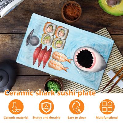 Sushi Servierplatte Keramik Sushiplatte Hai Form Porzellan Sushiplatte Porzellan Speiseserviertabletts mit Sojasaucenhalter