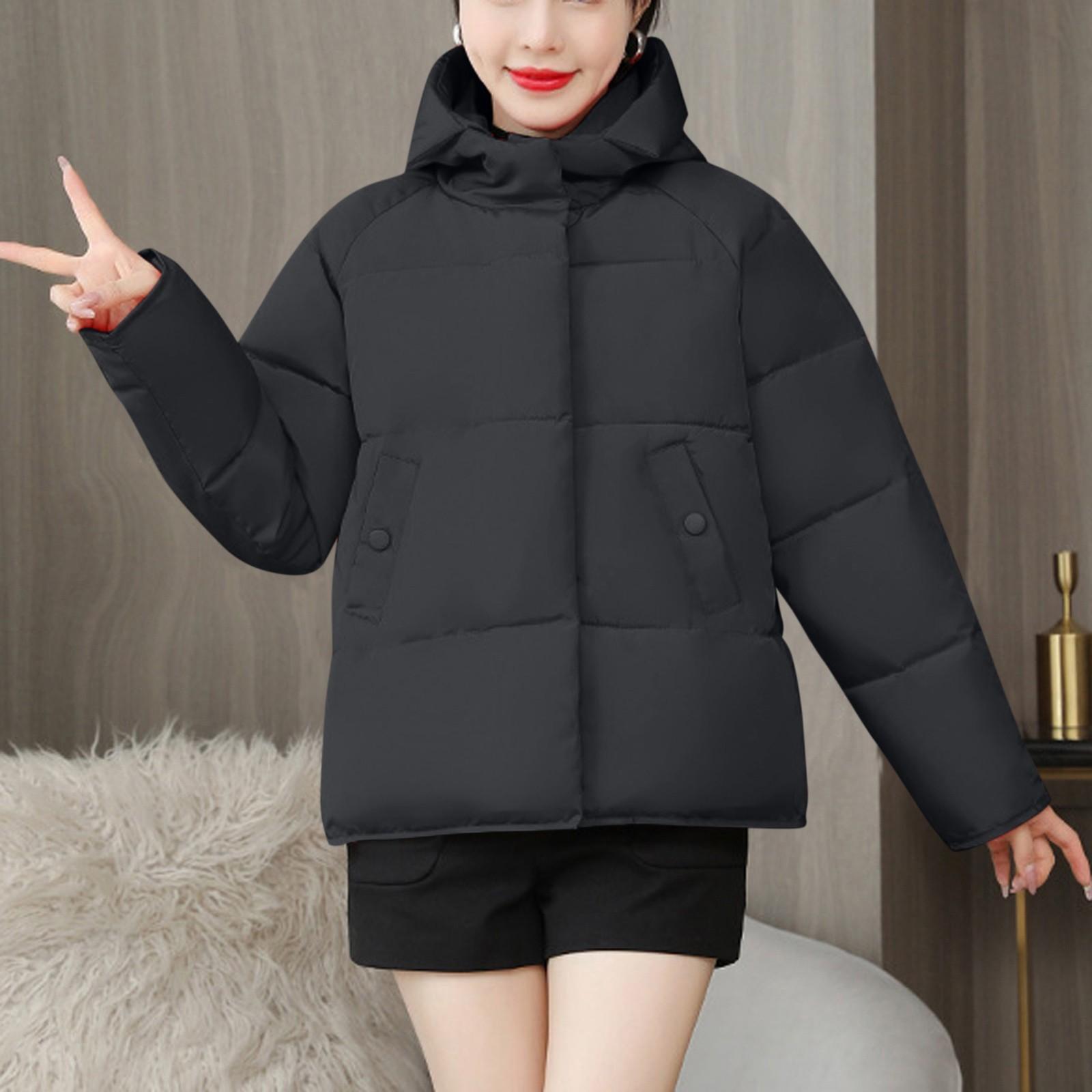 

Женское однотонное теплое хлопковое пальто с воротником-стойкой и длинными рукавами и карманами, хлопковая куртка M чёрный