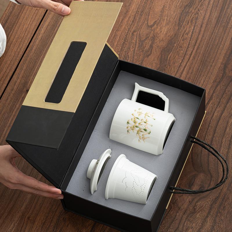 Dehua White Porcelain Teacup Ceramic Tea Separation Office Tea Mug with Lid High-end Personal Cup