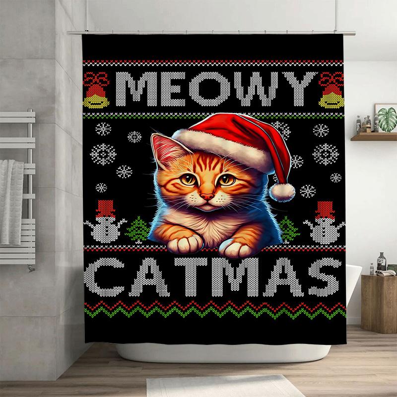 Funny Cat Christmas Shower Curtain, Orange Tabby in Santa Hat with Meowy Catmas Text for Pet Lovers Holiday Bathroom Decor 90x180cm