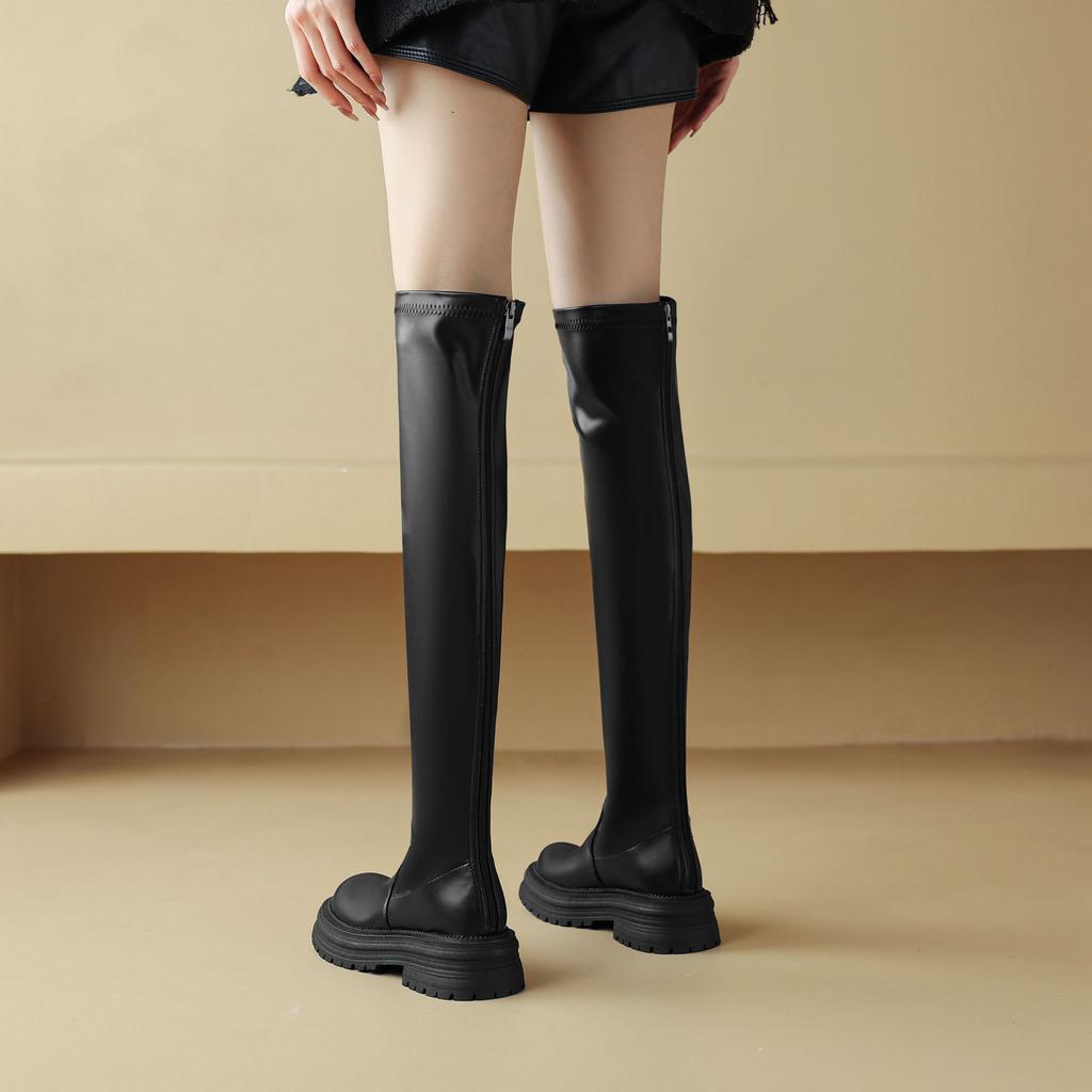 Krazing Pot Microfiber Autumn Winter Shoes Med Heels Flat Platform Size 42 Over-the-knee Boots Slip On Elastic Thigh High Boots