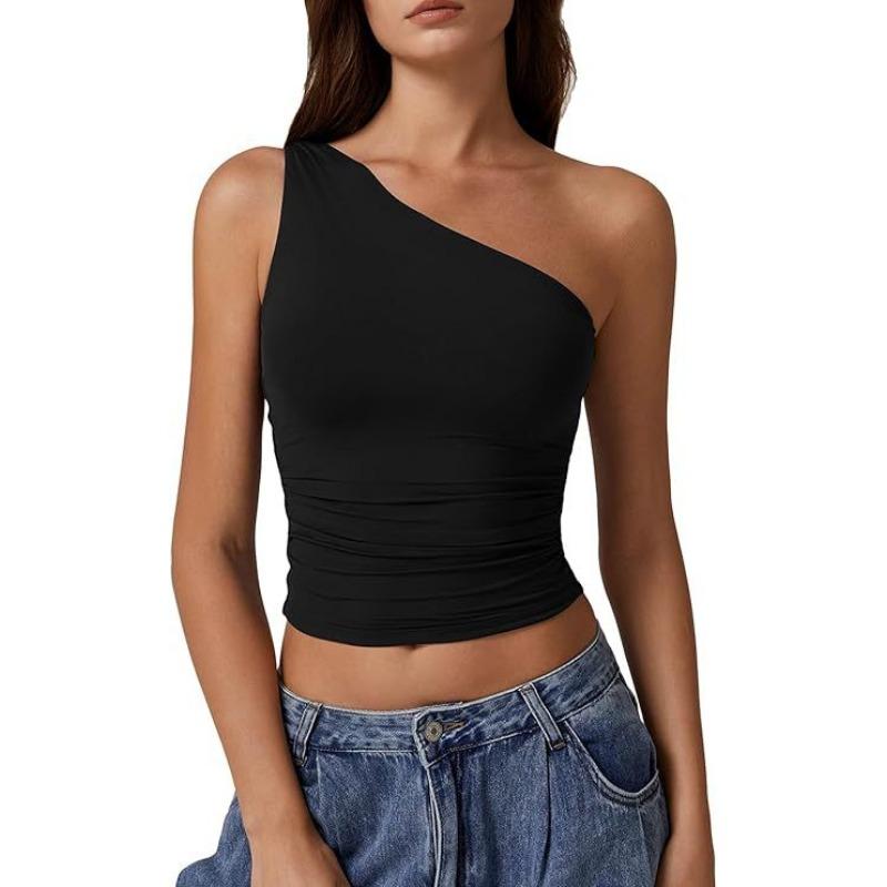Women Summer One Shoulder Solid Slim Fit Cropped Tank Top