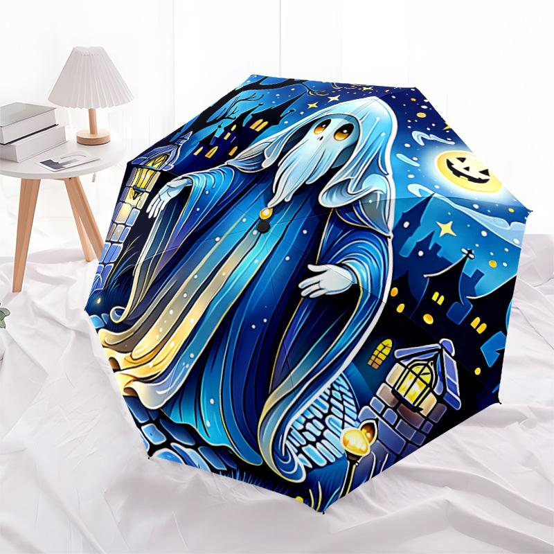 1ks Strašidelná noc Automatický skládací deštník - Design, Odolná železná konstrukce pro cestování, Venkovní použití, Plážový módní doplněk a0920013