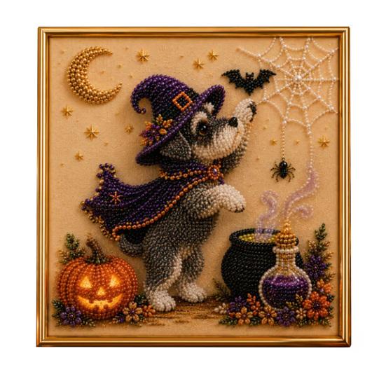 Seasonal Home Decor Projects Halloween Faux Pearl Painting Kit, Puppy Art DIY Witch Stress Relieving Hobbies Hat Bead Craft Kit for Adults And Teens,