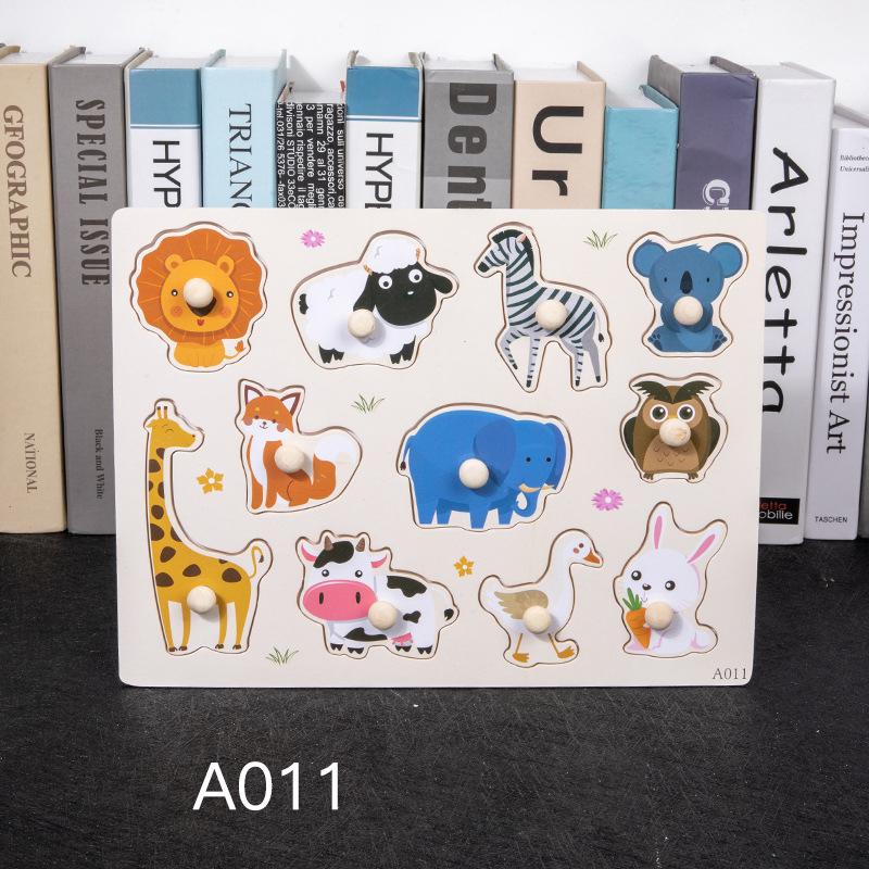 Non-Toxic Montessori Wooden Puzzles Hand Grab Boards Toys Tangram Jigsaw Baby Educational Toys Cartoon Vehicle Animals Fruits 3D Puzzles