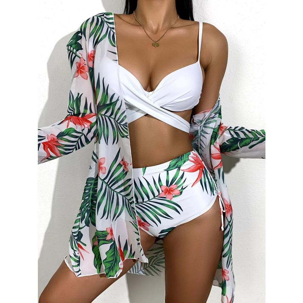 European and American Bikini Sexy Push Up Mesh Three-Piece Printed Split Swimsuit