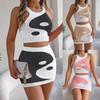 Women Yin Yang Print Knit Two Piece Set Crop Top And Mini Skirt