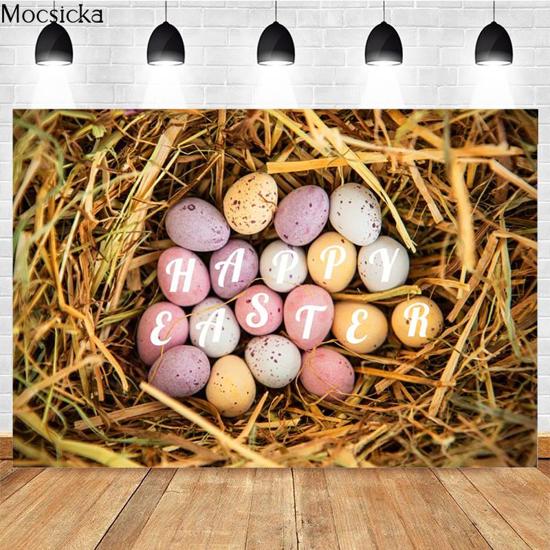Mocsicka Happy Easter Photography Background Eggs Grass Nest Decorations Props Baby Shower Birthday Party Photo Backdrops Banner Vinyl-150x100cm