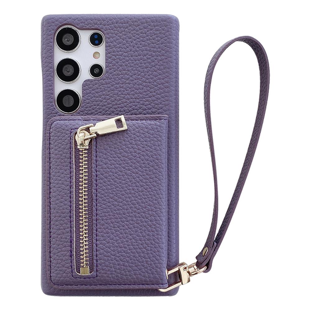 

Чехол для Samsung Galaxy S23 Ultra с отделениями для карт, подставкой, задней крышкой из ПУ кожи с карманом на молнии, ремешком на запястье Purple