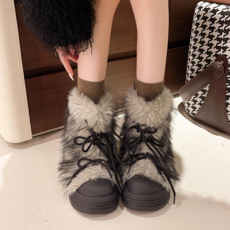 Retro Furry Big-Head Women's Snow Boots: 2025 Winter, Warm, Cold-Resistant, Thick-Soled, Fashionable, Popular
