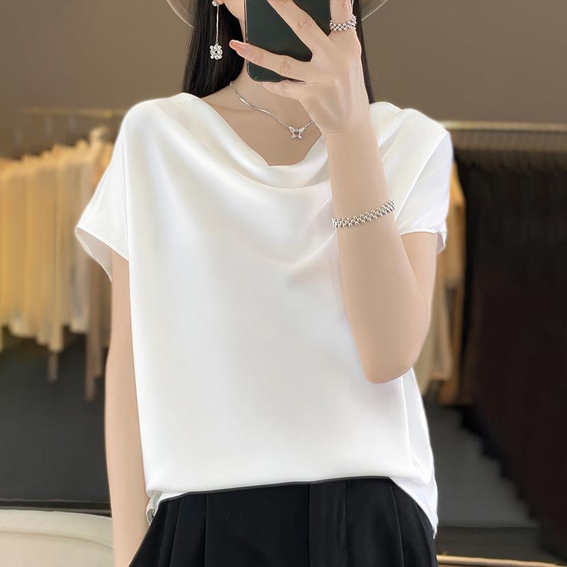 Summer new swinging collar short-sleeved T-shirt women's acetic acid satin drape thin top French temperament simulation silk inside