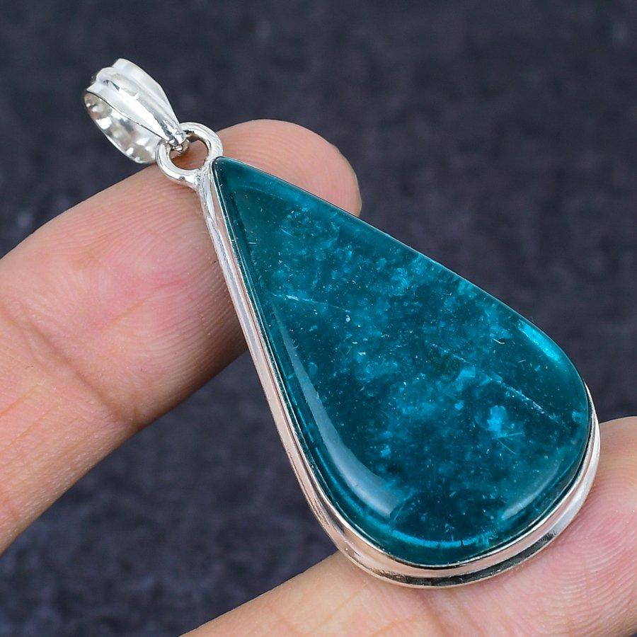 Natural Blue Amber Gemstone 925 Sterling Silver Jewelry Pendant 2.25" Y1S87