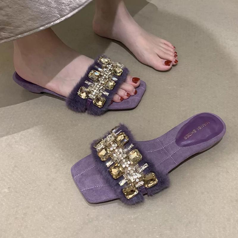 Crystal Women Slippers Flats Fur Designer Shoes Autumn Elegant Dress Woman Shoes 2025 New Luxury Zapatillas De Mujer