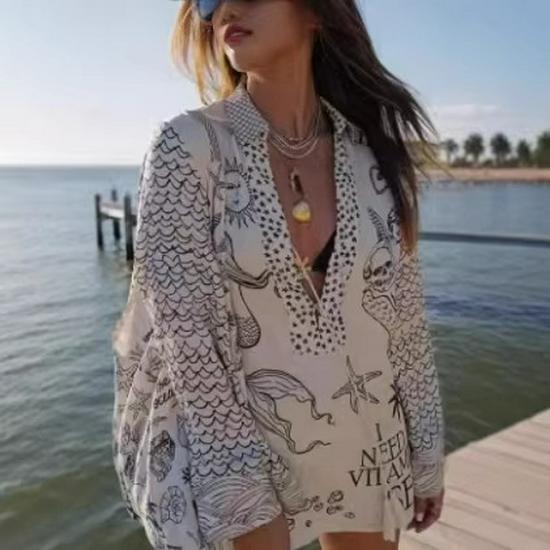 

Женский повседневный комплект из двух предметов: свободная рубашка с принтом и шорты (весна/лето) Large чёрный