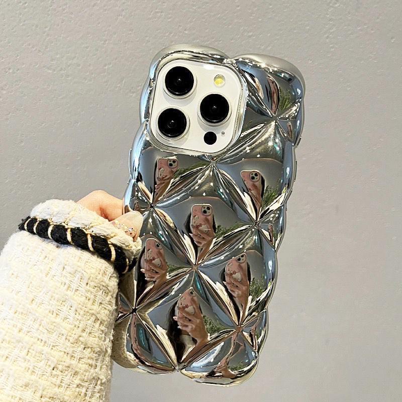 Plating Silver Rhombus Plaid Pattern Phone Case For For Iphone 16 Pro Max 1 13 12 11 14 Plus Soft Glossy TPU Back Cover