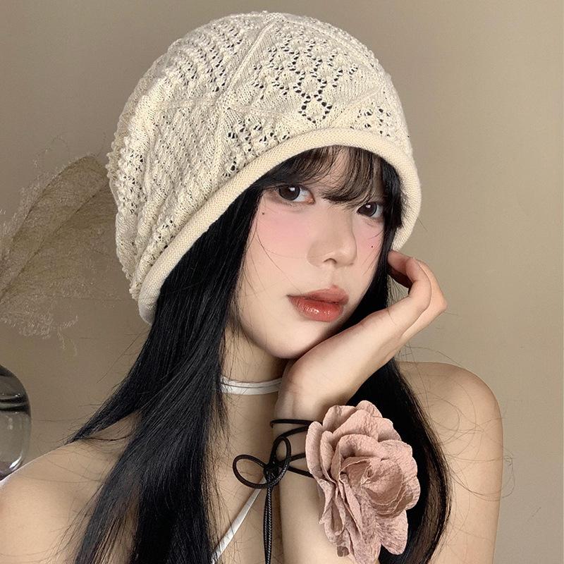 Knitted hollow stack hat female face small bag head cold hat Korean version versatile big head circumference loose hat