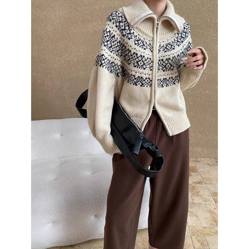 Korean Fashion Autumn Winter Zipper Cardigan Women Sweater Jacket Retro Printed Lapel Loose Knitted Coats Long Sleeve Office Fashion Elegant Clothing