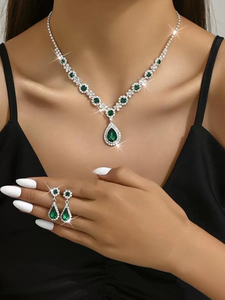 Autumn & Winter 3-Piece Women's Crystal Droplet Necklace and Earring Set - Elegant Evening Dress Accessories for Weddings