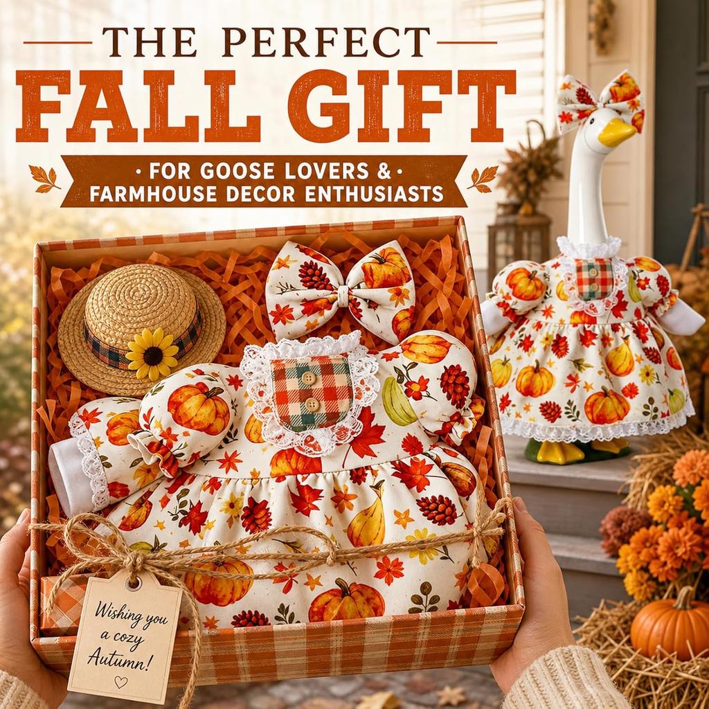 Autumn Porch Goose Clothing 23 "Lawn Statue Autumn Goose Clothing Set   Scarecrow Theme  including straw hat   plaid shirt   denim apron  suitable f