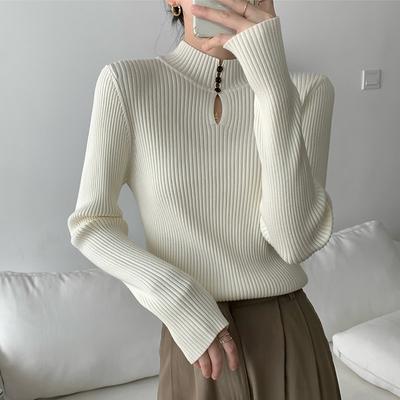 Semi-turtleneck Knitted Bottoming Shirt Women's Autumn and Winter Hollow Sweater Long-sleeved High-end Mid-neck Top