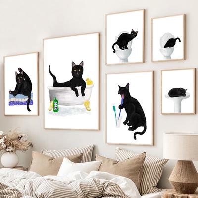 Conjunto de 6 presentes para amantes de gatos pretos, decoração de parede para banheiro, escova de dentes para animais de estimação, pintura em tela, banheiro, sala, pôster para casa
