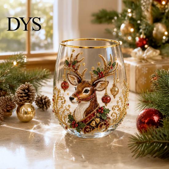 Christmas Themed Water Mug 330ML Glass Cup, Wreath/Santa Claus/Elk/Stockings/Snowman Pattern Holiday Glassware Compact for Breakfast Wine, Coffee,