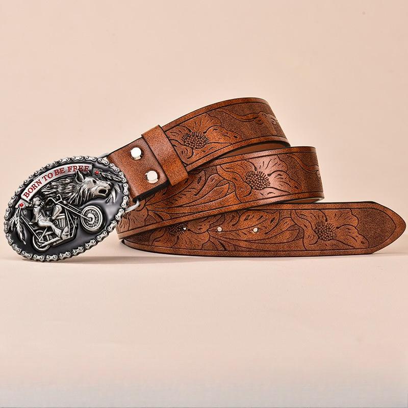 Western Cowboy Motorcycle Buckle Unisex Versatile PU Leather Belt for Men High Quality Male Belts for Jeans Cinturones Vintage