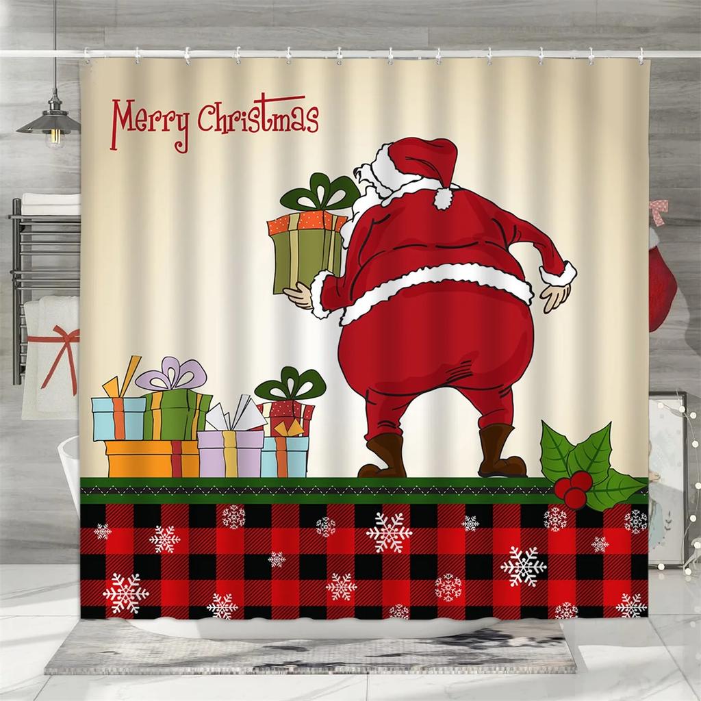 unframed Christmas Shower Curtain, Winter Snowman Father Christmas Farmhouse Truck Snowflake Christmas Tree Red Bird Bathroom De