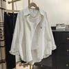 Women White Blue Striped Shirt Cherry Embroidered Pocket Long Sleeve Loose Fit Casual Blouse